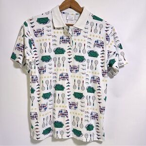 Vintage Laura Gayle women’s tennis print ball racket white polo shirt medium